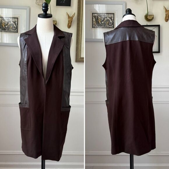 G.I.L.I. GILI Ponte Faux Leather Open Front Vest Espresso 14 - Picture 1 of 8